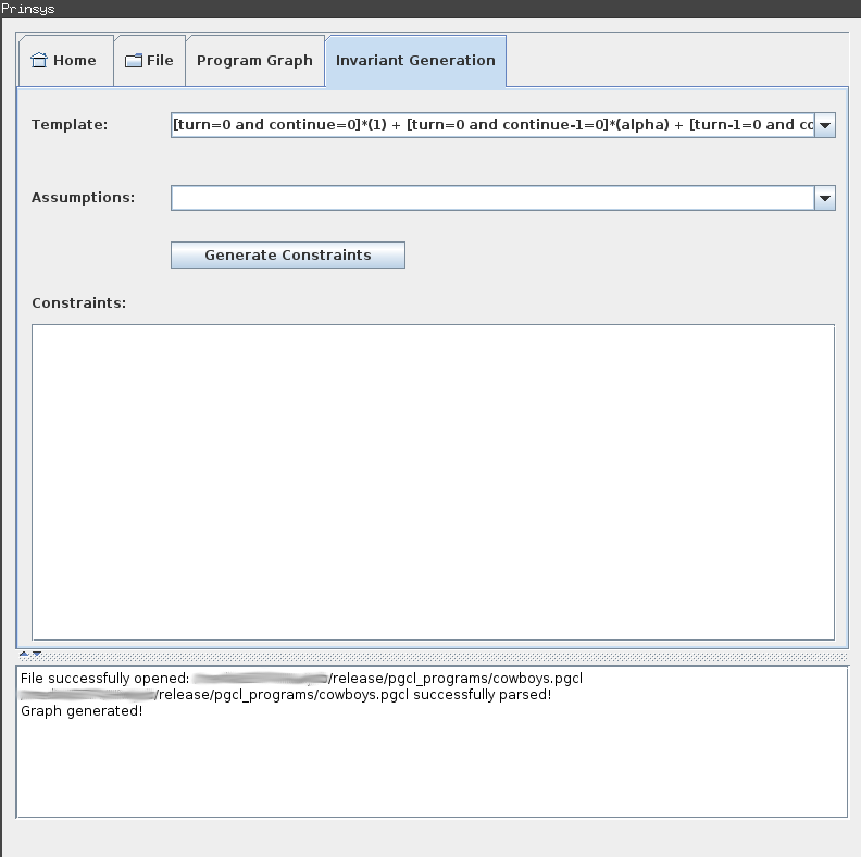 PRINSYS invariant generation tab